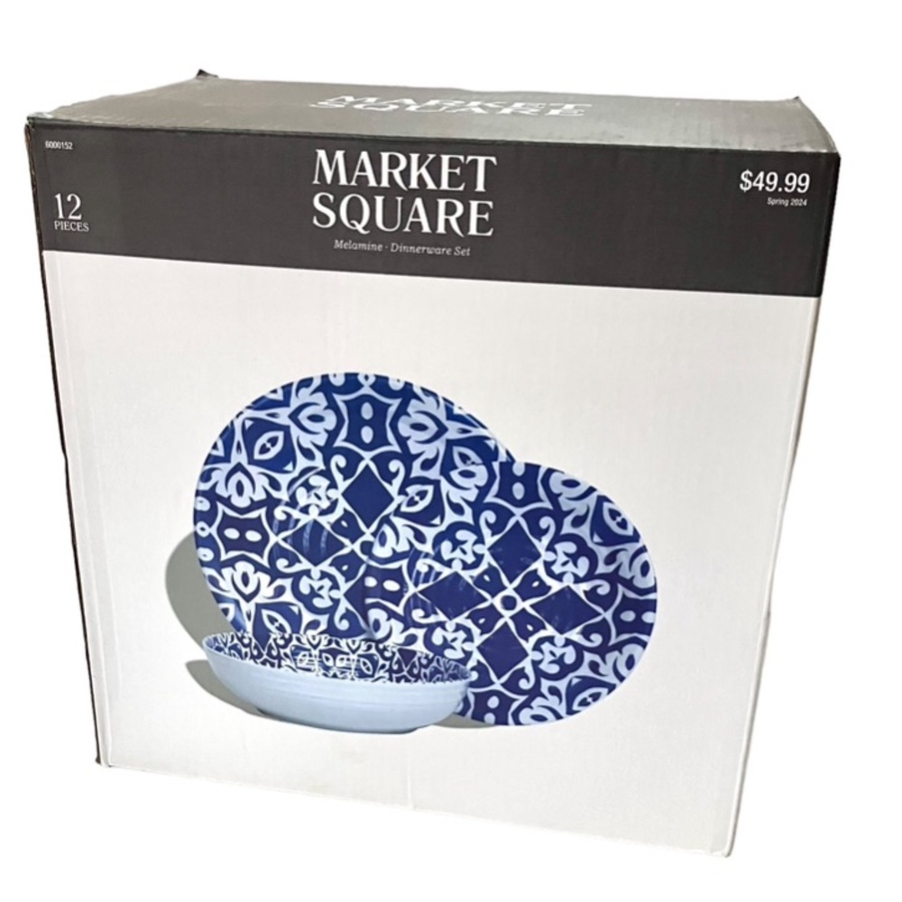 12 Piece Market Square Melamine Dish Set Blue White Plates Bowls Dinnerware